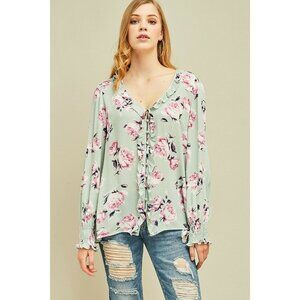 New Entro Top Mint Green Floral Ruffle Cottage Granny Core Boho Prairie